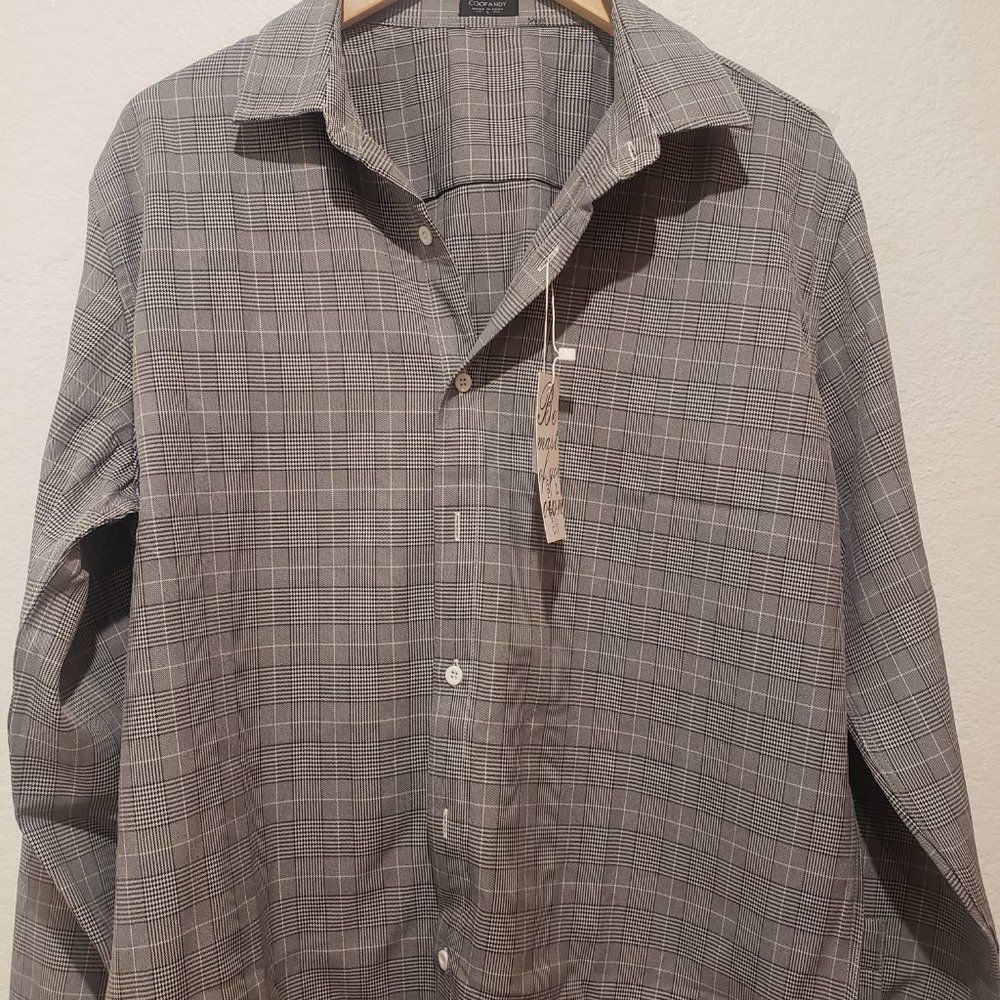 NWT Coofandy Mens Black Grey Houndstooth Plaid Button Down Size L